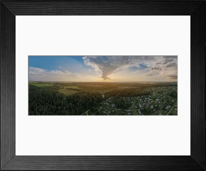 Framed Print : View from drone, panorama orange sky and gray clouds, sun at sunset Framed Print : View from drone, panorama orange sky and gray clouds, sun at sunset