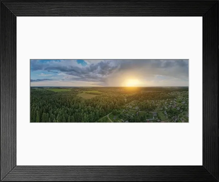 Framed Print : High View from the height of a flying drone, a small village with houses and cottages, green fields on a summer day Framed Print : High View from the height of a flying drone, a small village with houses and cottages, green fields on a summer day