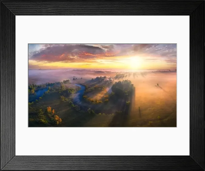 Framed Print : Mystical morning river, the sun's rays shine through the fog Framed Print : Mystical morning river, the sun's rays shine through the fog