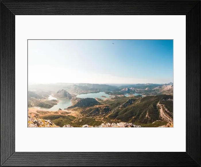 Framed Print : Small tranquil lake located in valley near beautiful mountain on sunny day in Spain Framed Print : Small tranquil lake located in valley near beautiful mountain on sunny day in Spain