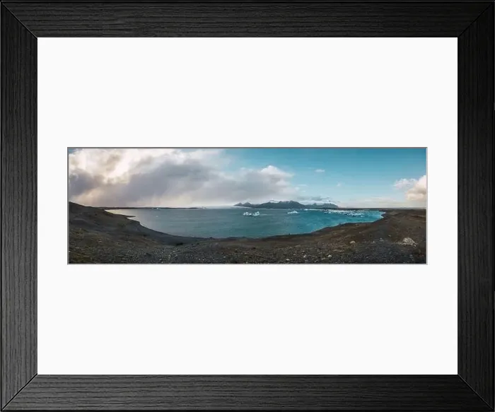 Framed Print : Stunning aerial view of blue sea mountains and clouds in panoramic format