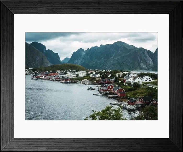 Framed Print : Picturesque aerial view of small village on rocky shore Framed Print : Picturesque aerial view of small village on rocky shore
