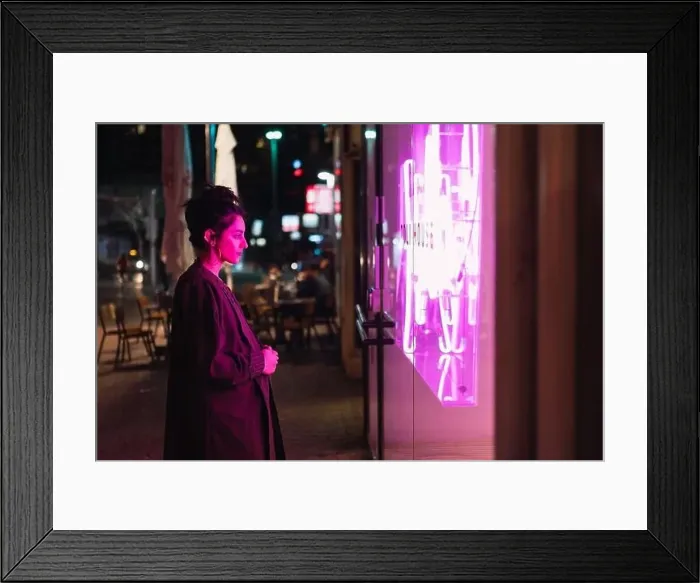 Framed Print : Attractive stylish lady near neon lights Framed Print : Attractive stylish lady near neon lights