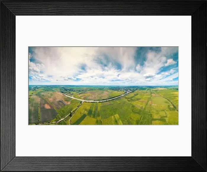 Framed Print : Summer rural landscape with a beautiful sky. Aerial view. View of green fields, village, and highway Framed Print : Summer rural landscape with a beautiful sky. Aerial view. View of green fields, village, and highway