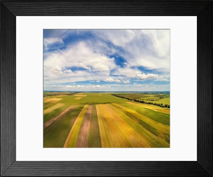 Framed Print : Rural landscape with a beautiful sky. Aerial view. View of colorful arable fields in summer Framed Print : Rural landscape with a beautiful sky. Aerial view. View of colorful arable fields in summer