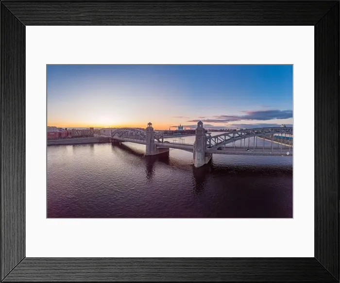 Framed Print : St. Petersburg Russia. Aerial panoramic view from drone to Peter the Great bridge of white nights Framed Print : St. Petersburg Russia. Aerial panoramic view from drone to Peter the Great bridge of white nights