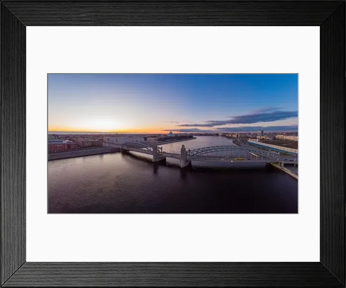 Framed Print : St. Petersburg Russia. Aerial panoramic view from drone to Peter the Great bridge of white nights Framed Print : St. Petersburg Russia. Aerial panoramic view from drone to Peter the Great bridge of white nights