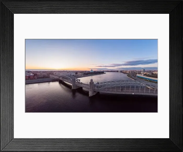 Framed Print : St. Petersburg Russia. Aerial panoramic view from drone to Peter the Great bridge of white nights Framed Print : St. Petersburg Russia. Aerial panoramic view from drone to Peter the Great bridge of white nights