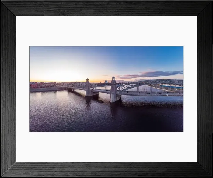 Framed Print : St. Petersburg Russia. Aerial panoramic view from drone to Peter the Great bridge of white nights Framed Print : St. Petersburg Russia. Aerial panoramic view from drone to Peter the Great bridge of white nights