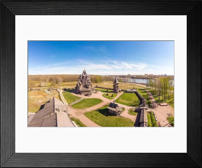 Framed Print : Beautiful Aerial view to traditional Russian village with orthodox wooden chapel and bell tower in Bogoslovka manor