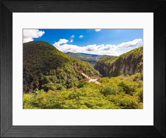 Framed Print : Beautiful panoramic view from the drone to Tourists On Observation Platform on Suspension Bridge Up To 140 Meters Above