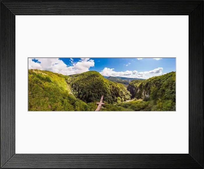Framed Print : Beautiful panoramic view from the drone to Tourists On Observation Platform on Suspension Bridge Up To 140 Meters Above Framed Print : Beautiful panoramic view from the drone to Tourists On Observation Platform on Suspension Bridge Up To 140 Meters Above