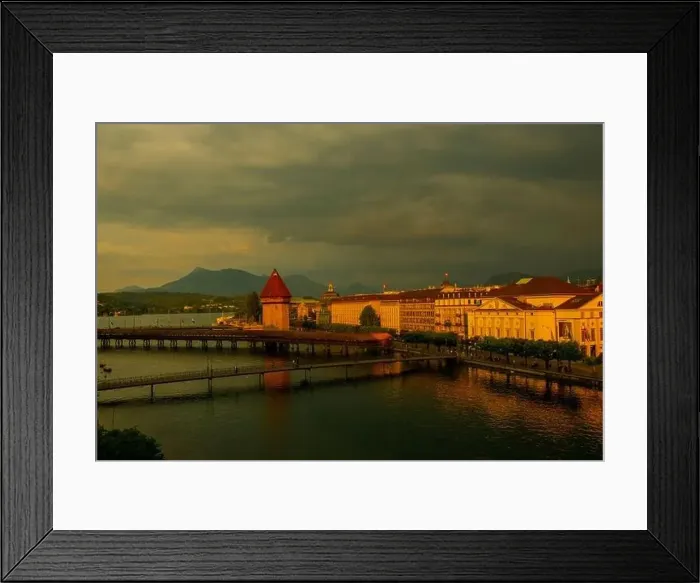 Framed Print : City of Lucerne with Chapel Bridge in a Sunny Day with Overcast Clouds in Switzerland Framed Print : City of Lucerne with Chapel Bridge in a Sunny Day with Overcast Clouds in Switzerland