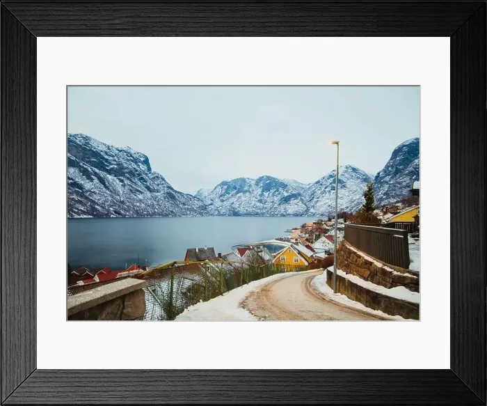 Framed Print : Small town near sea and snowy mountains Framed Print : Small town near sea and snowy mountains