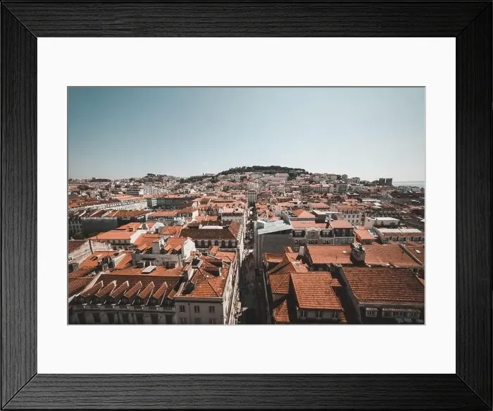 Framed Print : LISBON, PORTUGAL - MAY 7, 2018: Aerial drone view to town with orange roofs in Lisbon, Portugal Framed Print : LISBON, PORTUGAL - MAY 7, 2018: Aerial drone view to town with orange roofs in Lisbon, Portugal