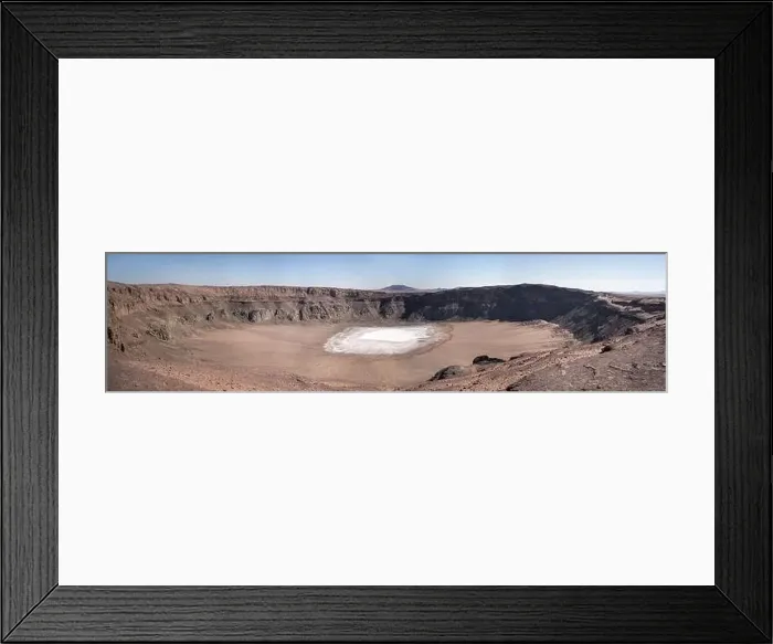Framed Print : Aerial view of white sodium phosphate crystal surface placed inside maar crater at bright sunlight against blue clear Framed Print : Aerial view of white sodium phosphate crystal surface placed inside maar crater at bright sunlight against blue clear