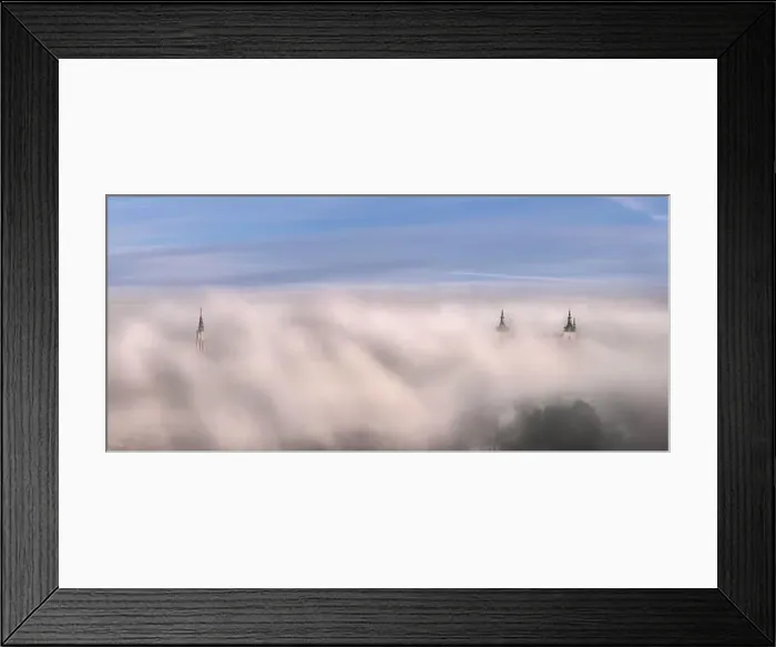 Framed Print : From above wonderful landscape of medieval castle built over city in misty colorful sunrise Framed Print : From above wonderful landscape of medieval castle built over city in misty colorful sunrise