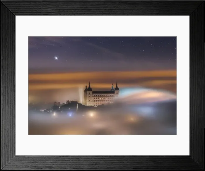 Framed Print : From above wonderful landscape of medieval castle built over city in misty colorful sunrise Framed Print : From above wonderful landscape of medieval castle built over city in misty colorful sunrise