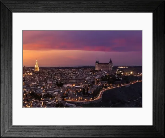 Framed Print : From above amazing landscape of illuminated old town in colorful sundown in twilight in Toledo Framed Print : From above amazing landscape of illuminated old town in colorful sundown in twilight in Toledo