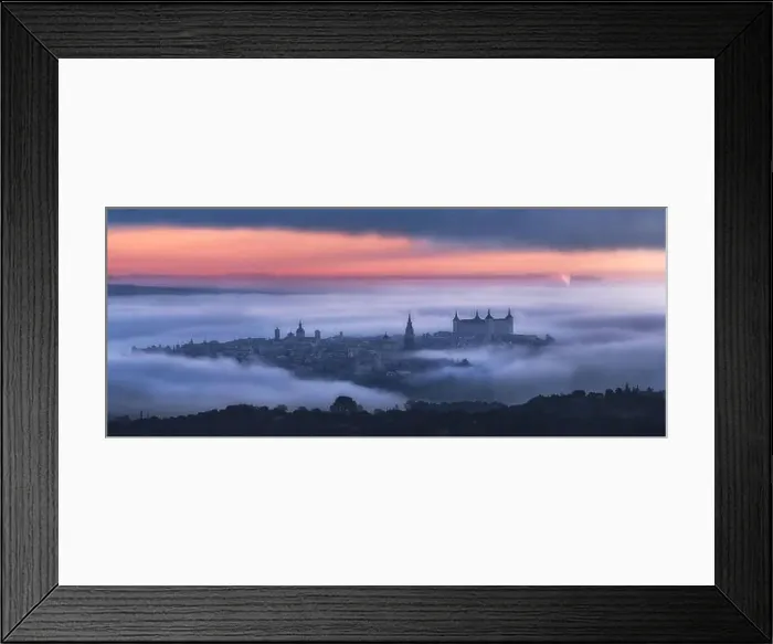 Framed Print : Aerial view of ancient town and medieval Alcazar de Toledo palace in mist in colorful daybreak Framed Print : Aerial view of ancient town and medieval Alcazar de Toledo palace in mist in colorful daybreak
