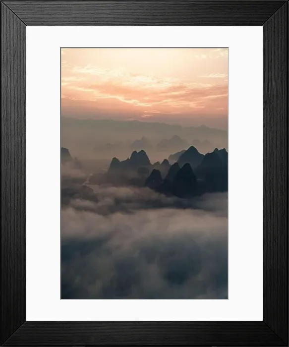 Framed Print : Mysterious river landscape among high mountains in haze Framed Print : Mysterious river landscape among high mountains in haze