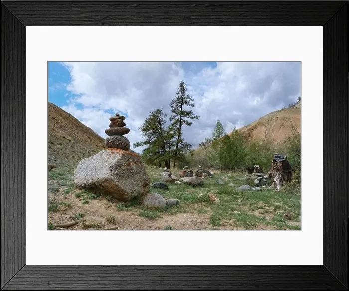 Framed Print : Mountain valley in central Asia with larch trees and piles of stones called cairns Framed Print : Mountain valley in central Asia with larch trees and piles of stones called cairns