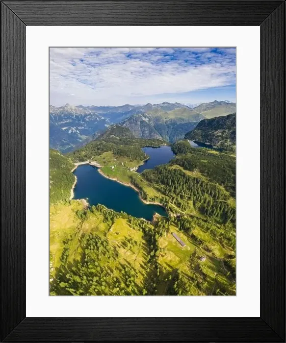 Framed Print : Aerial view of Lago Casere, Lago Marcio and Lago del Becco at sunrise Framed Print : Aerial view of Lago Casere, Lago Marcio and Lago del Becco at sunrise