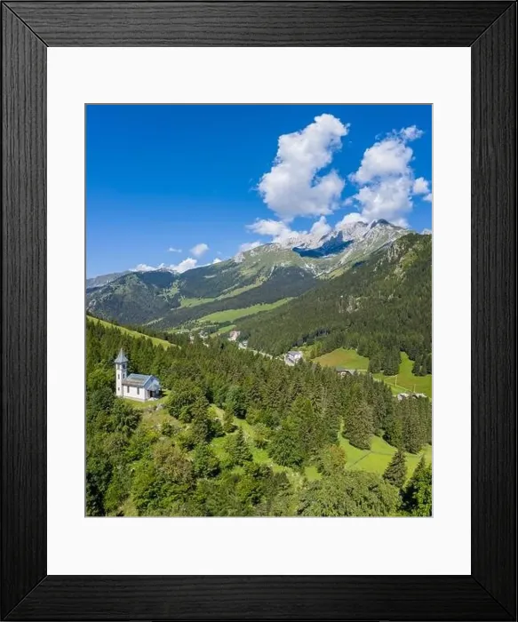 Framed Print : Aerial view of the Silvestri church and the Presolana massif Framed Print : Aerial view of the Silvestri church and the Presolana massif