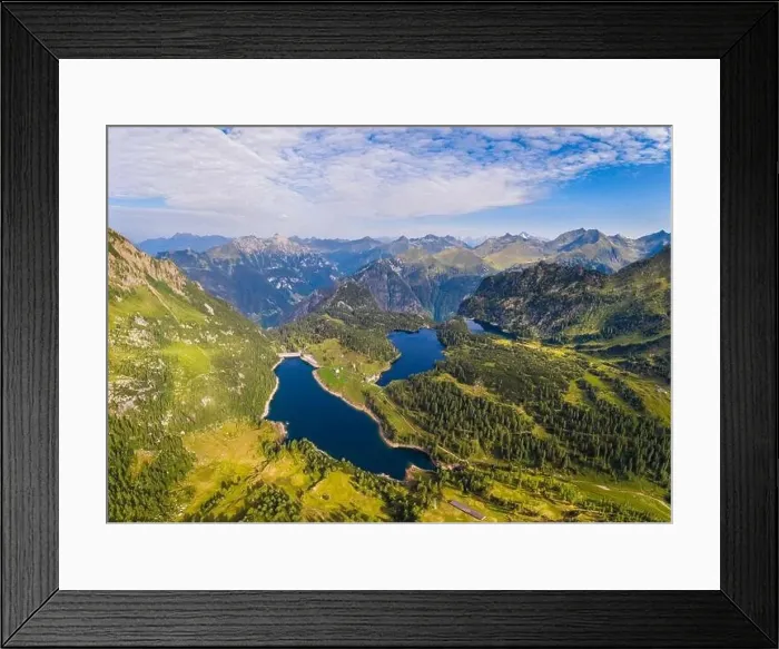 Framed Print : Aerial view of Lago Casere, Lago Marcio and Lago del Becco at sunrise Framed Print : Aerial view of Lago Casere, Lago Marcio and Lago del Becco at sunrise