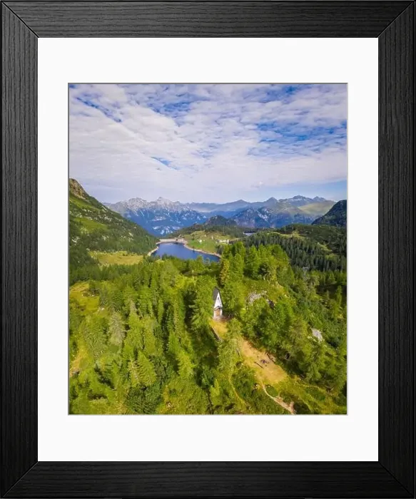 Framed Print : Aerial view of Cappella degli Alpini church at sunrise Framed Print : Aerial view of Cappella degli Alpini church at sunrise
