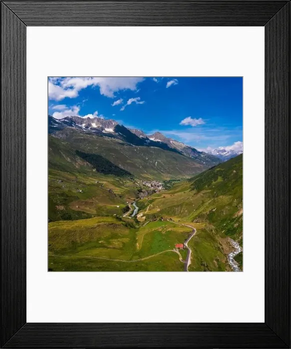 Framed Print : Aerial view of the Realp village and the Reuss river in Switzerland Framed Print : Aerial view of the Realp village and the Reuss river in Switzerland