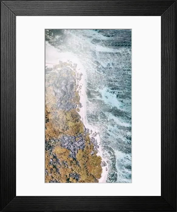 Framed Print : Anse Source Argent, La Digue. Downward aerial view of tropical coastline and granite rocks Framed Print : Anse Source Argent, La Digue. Downward aerial view of tropical coastline and granite rocks