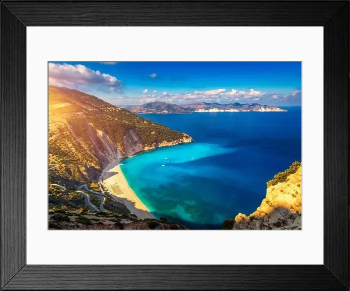 Framed Print : Aerial drone view of iconic turquoise and sapphire bay and beach of Myrtos Framed Print : Aerial drone view of iconic turquoise and sapphire bay and beach of Myrtos