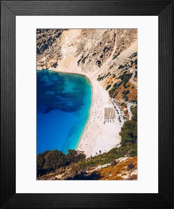 Framed Print : Aerial drone view of iconic turquoise and sapphire bay and beach of Myrtos Framed Print : Aerial drone view of iconic turquoise and sapphire bay and beach of Myrtos