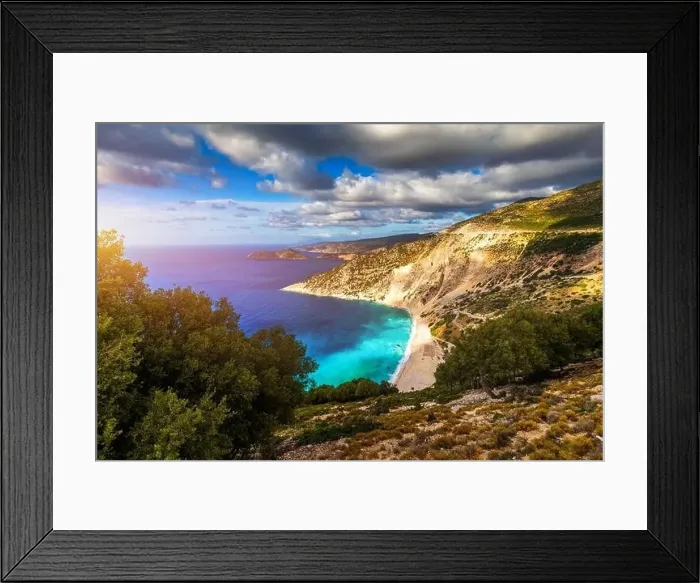 Framed Print : Aerial drone view of iconic turquoise and sapphire bay and beach of Myrtos Framed Print : Aerial drone view of iconic turquoise and sapphire bay and beach of Myrtos