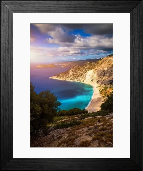 Framed Print : Aerial drone view of iconic turquoise and sapphire bay and beach of Myrtos Framed Print : Aerial drone view of iconic turquoise and sapphire bay and beach of Myrtos