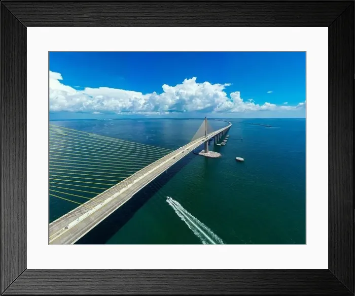 Framed Print : Aerial photo Sunshine Skyway cable suspended bridge suspension Tampa Bay FL USA