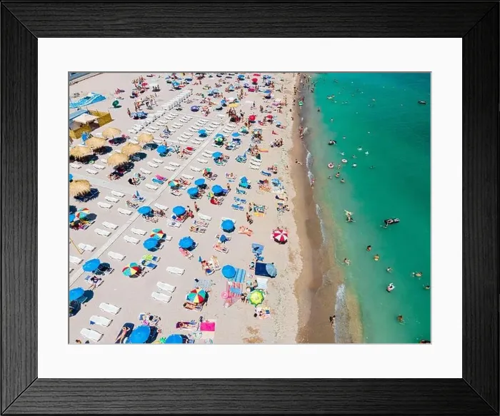 Framed Print : Aerial View Of People And Colorful Umbrellas On Ocean Seaside Beach In Summer Framed Print : Aerial View Of People And Colorful Umbrellas On Ocean Seaside Beach In Summer