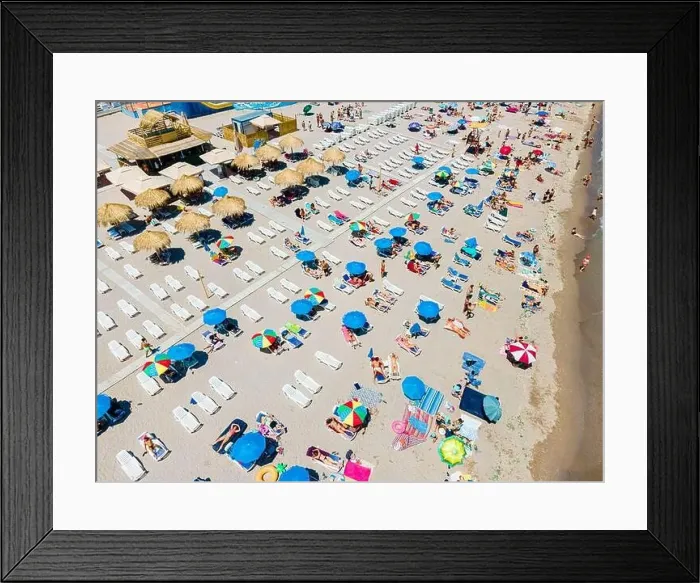 Framed Print : Aerial View Of People And Colorful Umbrellas On Ocean Seaside Beach In Summer Framed Print : Aerial View Of People And Colorful Umbrellas On Ocean Seaside Beach In Summer