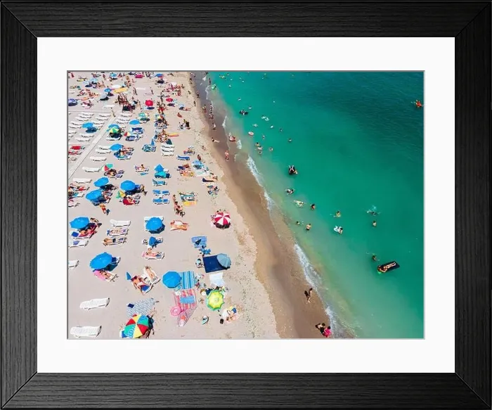 Framed Print : Aerial View Of People And Colorful Umbrellas On Ocean Seaside Beach In Summer Framed Print : Aerial View Of People And Colorful Umbrellas On Ocean Seaside Beach In Summer