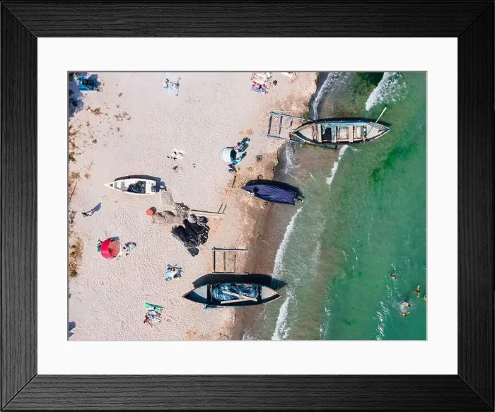 Framed Print : Aerial View Of Boats On Beach, Sea Landscape Framed Print : Aerial View Of Boats On Beach, Sea Landscape