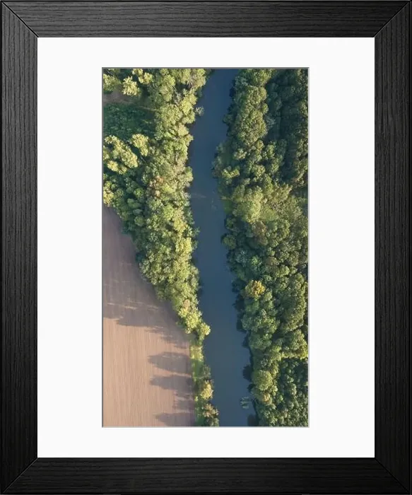 Framed Print : Top view of the river with turns of meanders and green forests in bright sunlight Framed Print : Top view of the river with turns of meanders and green forests in bright sunlight