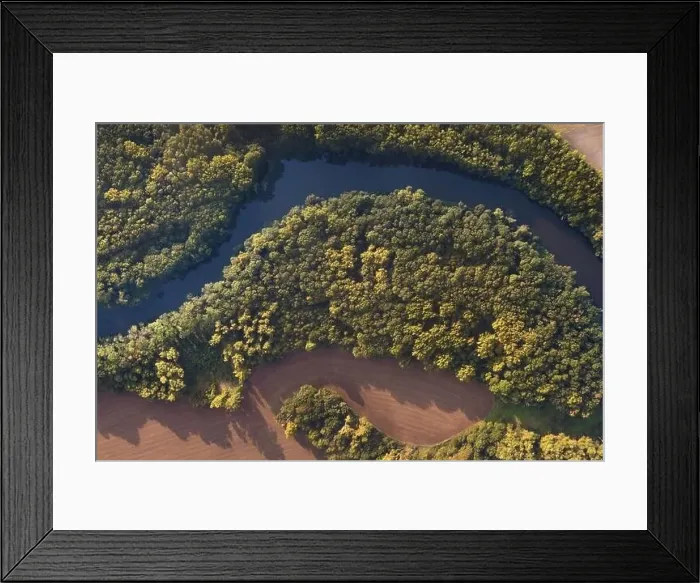 Framed Print : Top view of the river with turns of meanders and green forests in bright sunlight Framed Print : Top view of the river with turns of meanders and green forests in bright sunlight