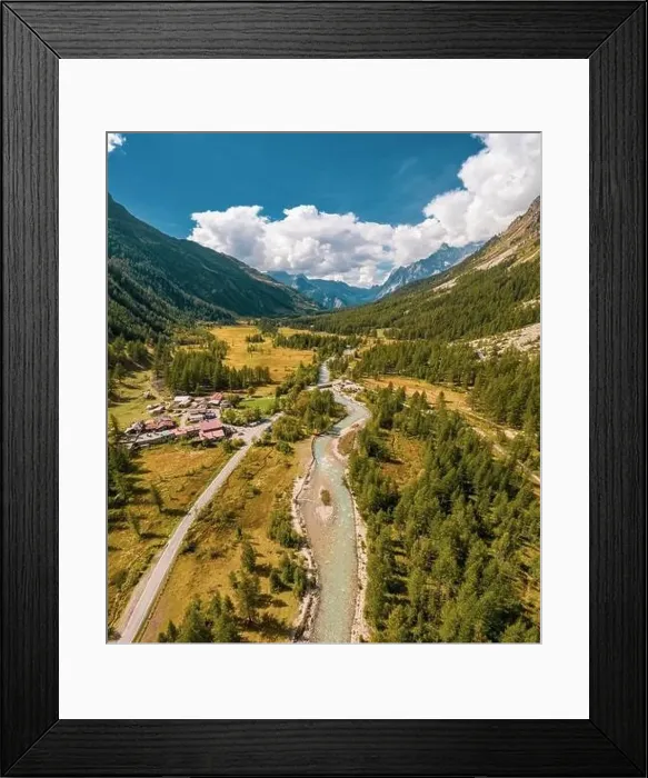 Framed Print : Aerial drone photo of a beautiful alpine valley Framed Print : Aerial drone photo of a beautiful alpine valley