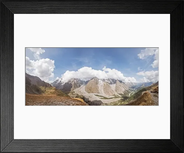 Framed Print : Panorama of a Alpine mountain valley and peaks Framed Print : Panorama of a Alpine mountain valley and peaks