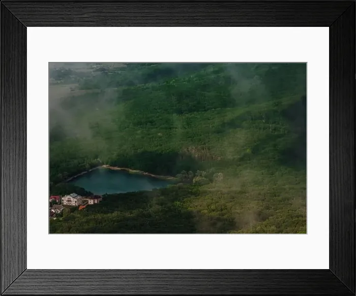 Framed Print : the view through the clouds of the valley before the rain. bird's-eye view, spring Framed Print : the view through the clouds of the valley before the rain. bird's-eye view, spring