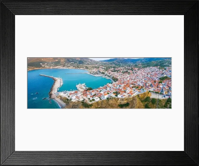Framed Print : View of town and port at the island Skopelos, northern Sporades, Greece Framed Print : View of town and port at the island Skopelos, northern Sporades, Greece