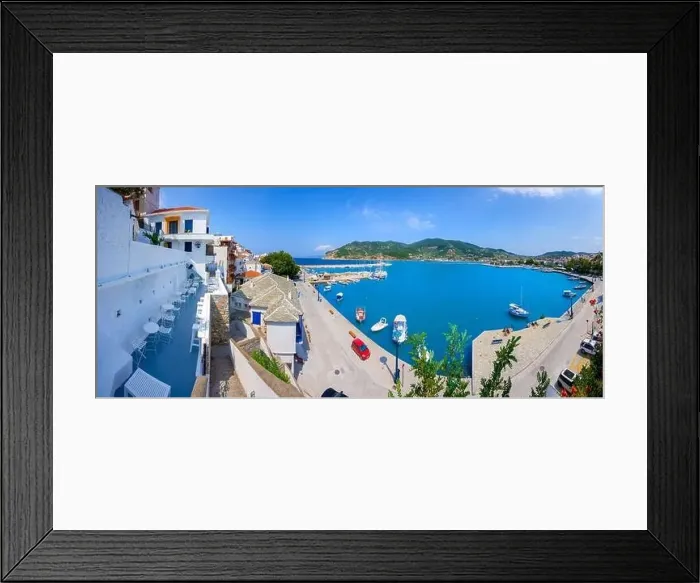 Framed Print : View of town and port at the island Skopelos, northern Sporades, Greece Framed Print : View of town and port at the island Skopelos, northern Sporades, Greece