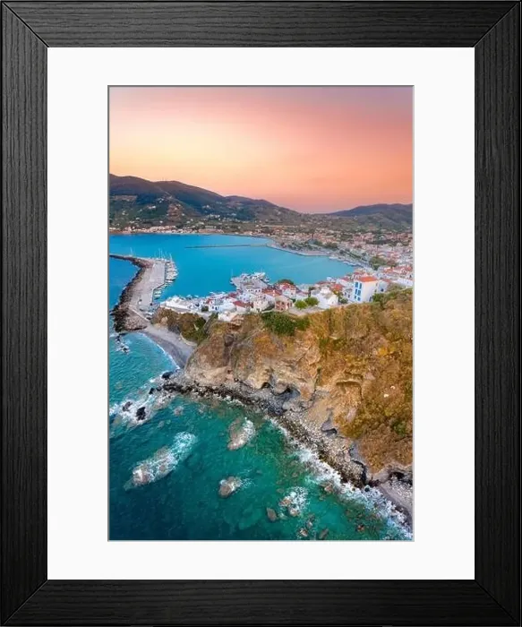 Framed Print : View of town and port at the island Skopelos, northern Sporades, Greece Framed Print : View of town and port at the island Skopelos, northern Sporades, Greece