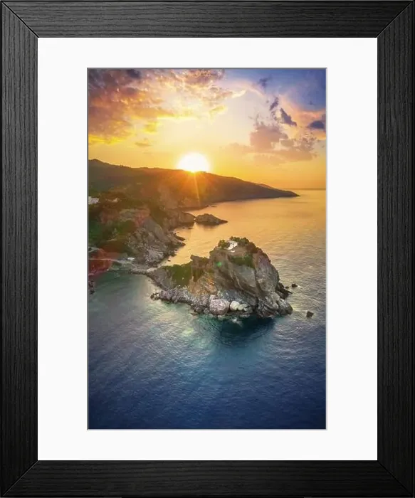 Framed Print : Aerial view of the famous small church Agios Ioannis in Skopelos island, Greece Framed Print : Aerial view of the famous small church Agios Ioannis in Skopelos island, Greece